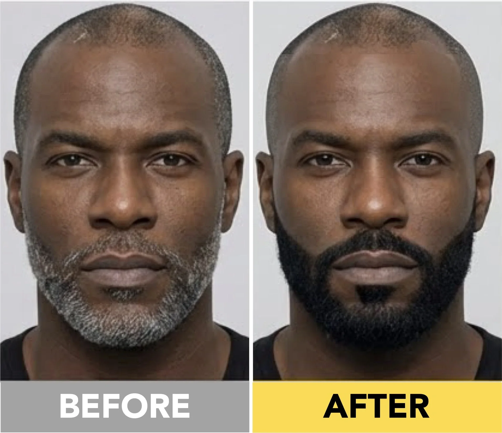 Soft black hair and beard dye transformation for Black men with textured, coily hair.
