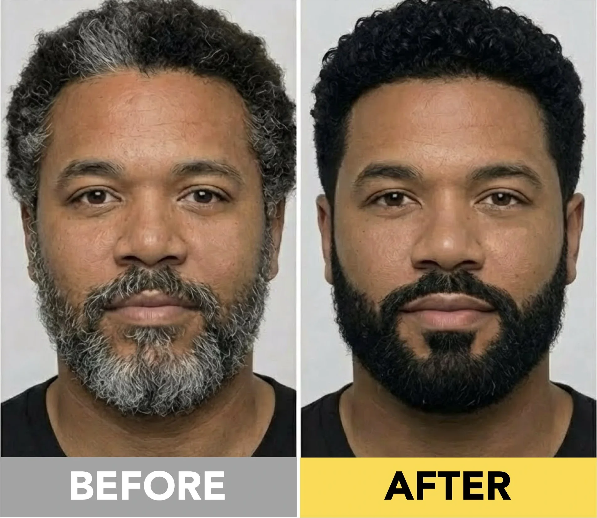 Dark brown hair and beard dye before and after for African American men with Black hair.