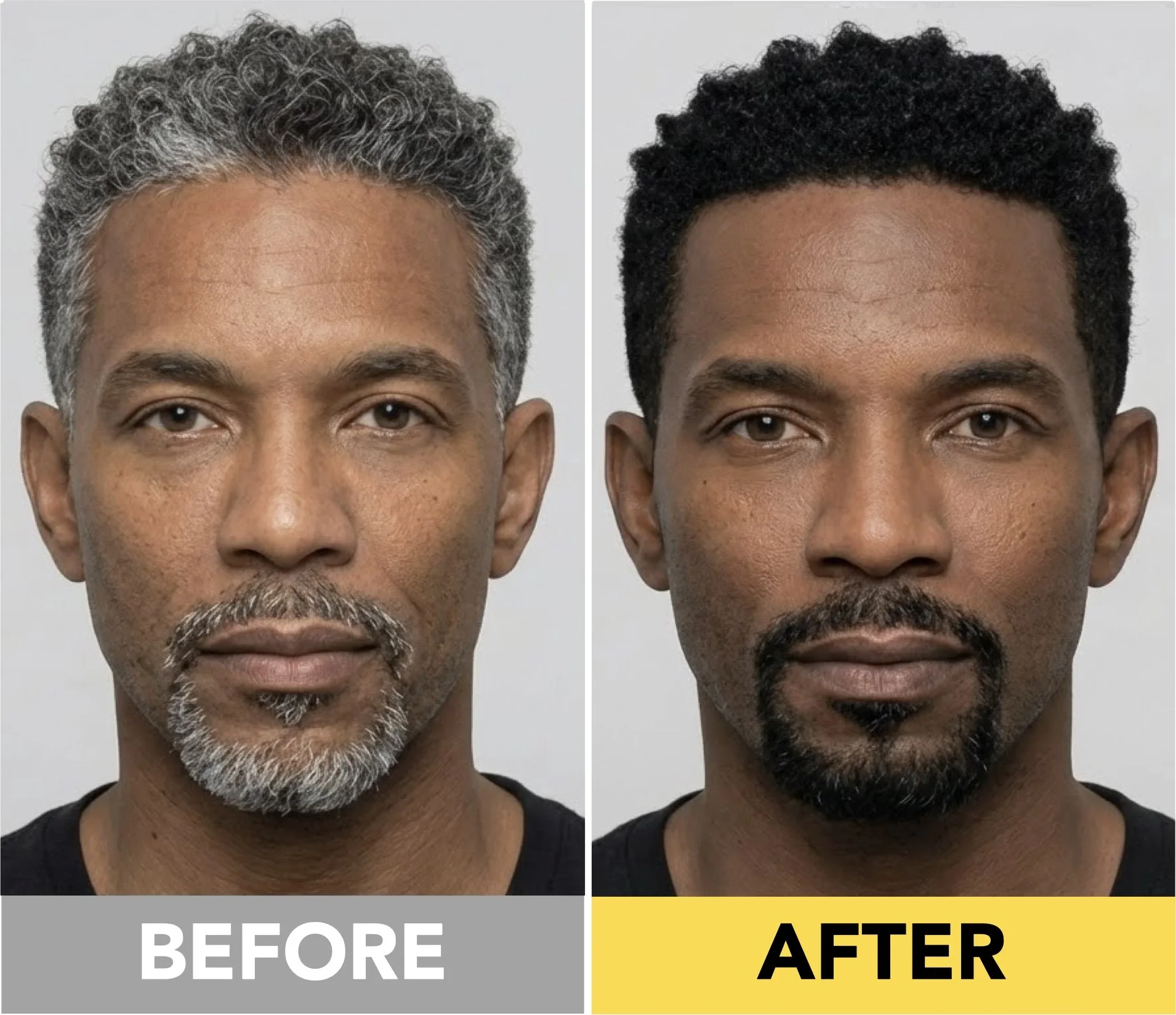 Before and after images of jet black hair and beard dye for Black men with coily hair.