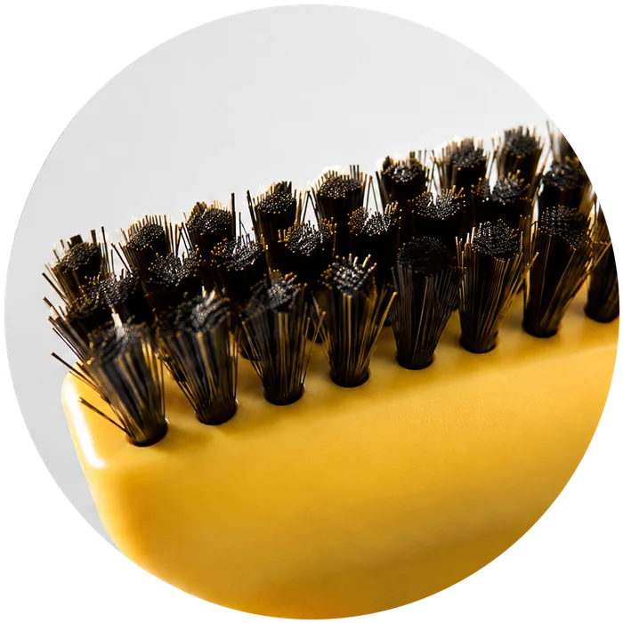 Customized-length bristles fully saturate beard hair for complete gray elimination.